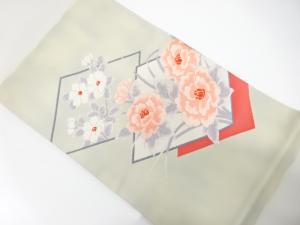 菱に牡丹・椿模様織り出し　名古屋帯